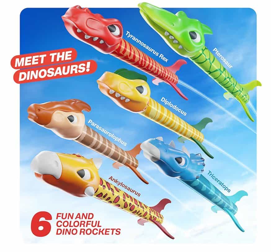 Dinosaur rocket toys featuring Tyrannosaurus Rex, Pterodactyl, and more for fun outdoor play.