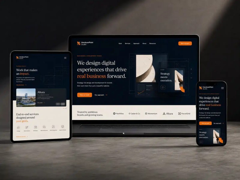 Responsive website design displayed across laptop, tablet and mobile devices
