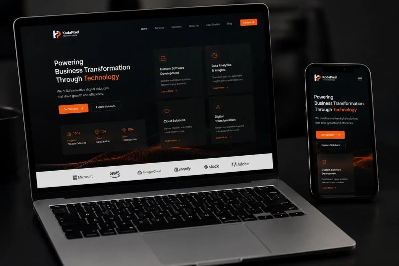Business website displayed on a laptop and mobile phone