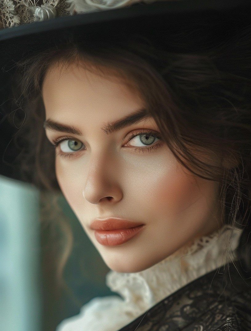 Beautiful woman of Industrial Revolution time profile picture looking directly at the camera