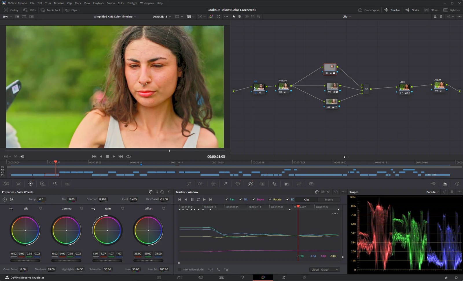 The DaVinci Resolve colour page for Lookout Below with the grade active: eight nodes, colour wheels, a window tracker, and an RGB parade spread across the range