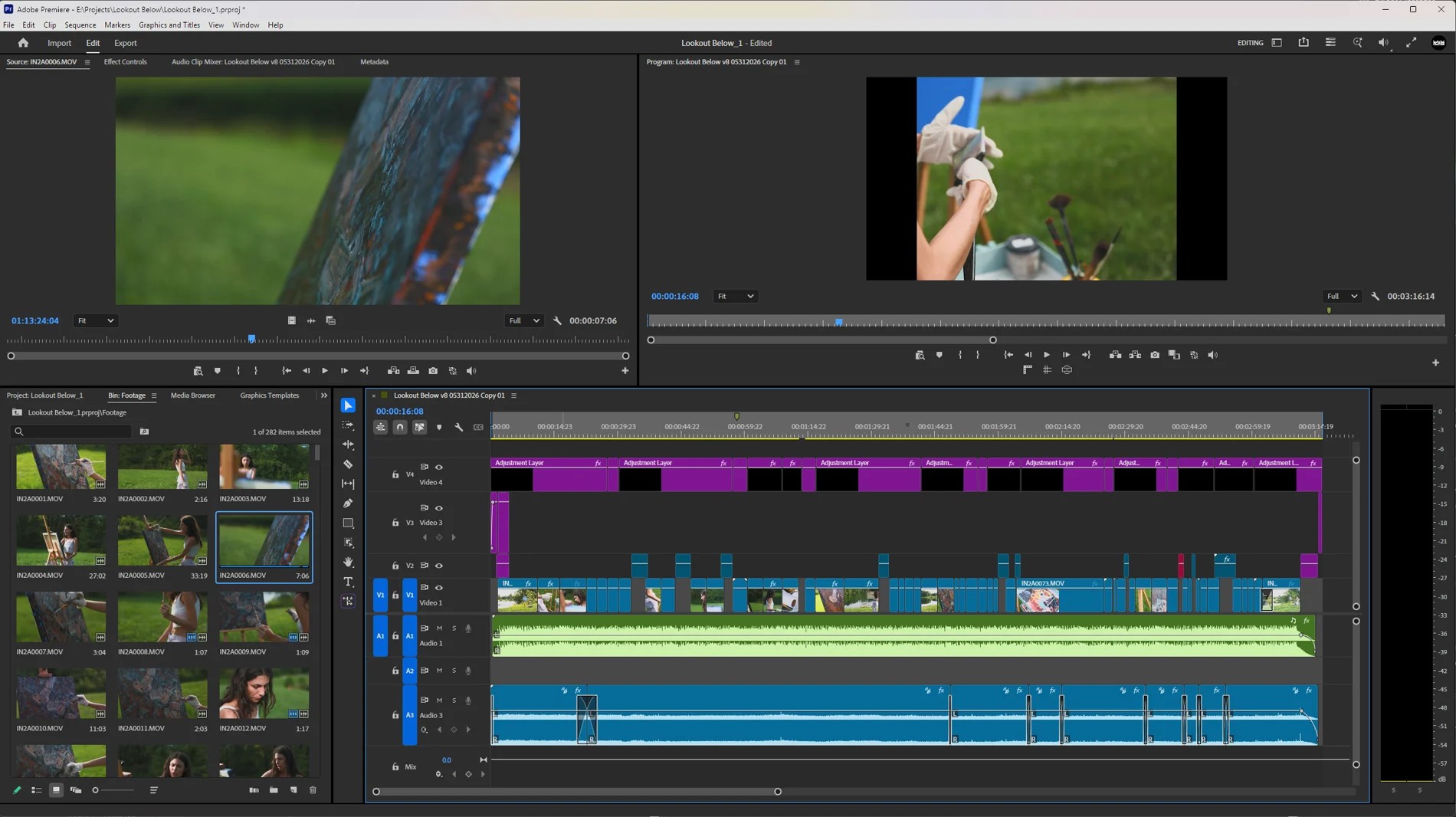 The Lookout Below project open in Adobe Premiere Pro: 282 items in the footage bin, the cut spread across four video tracks with a row of adjustment layers on the top one, and the song running unbroken on the audio track beneath