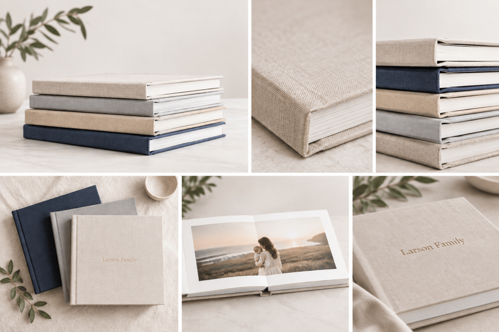 Linen photo albums in cream, blue and grey, stacked and open to a portrait spread