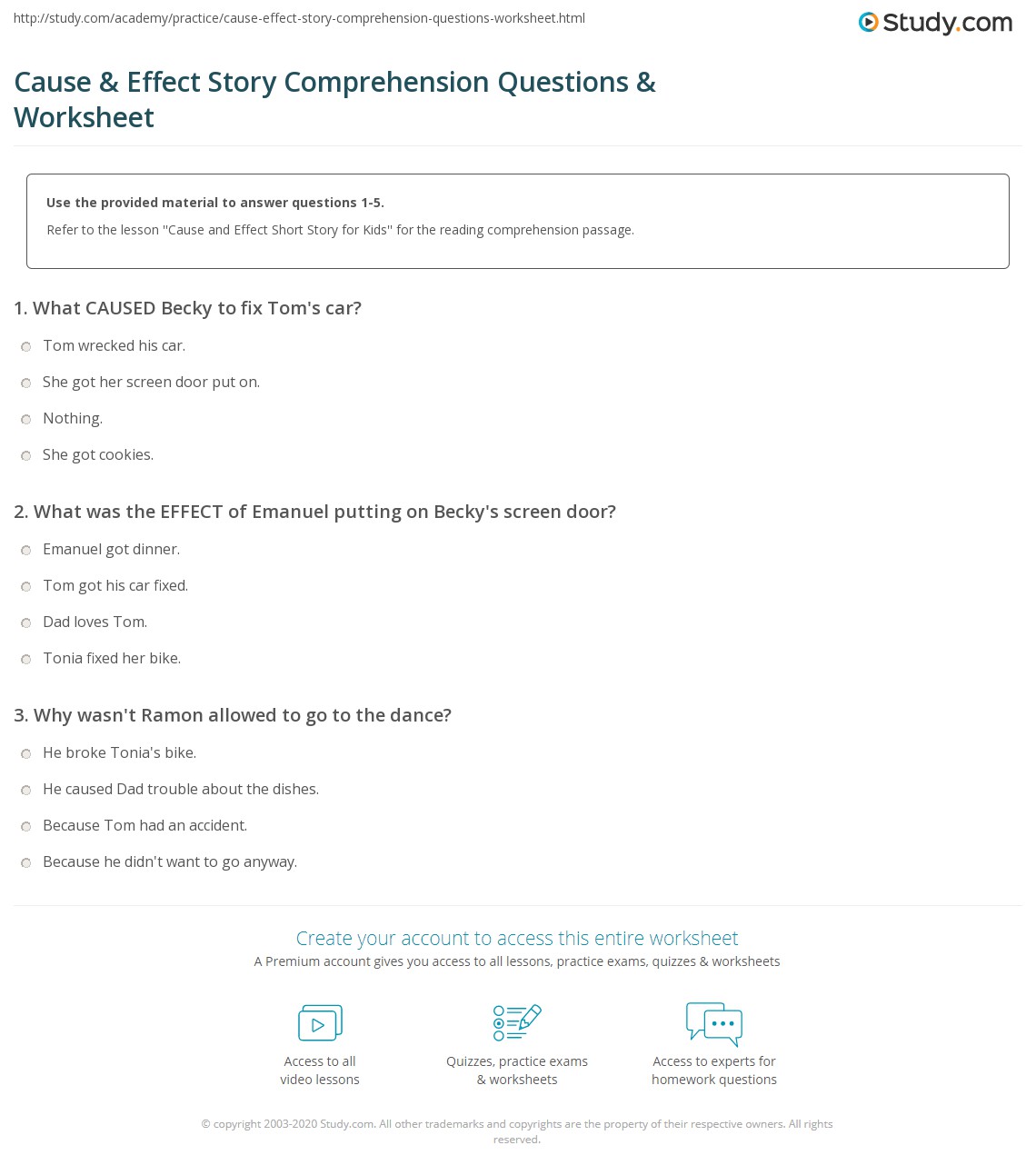 cause effect story comprehension questions worksheet study com