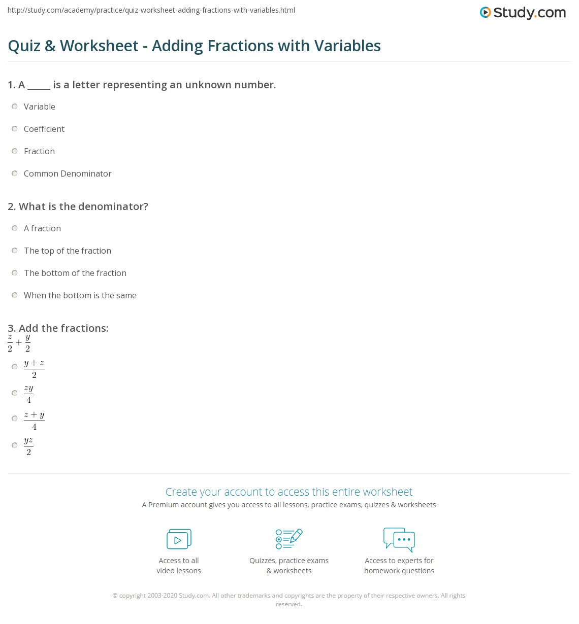 Quiz Worksheet Adding Fractions With Variables Study Com
