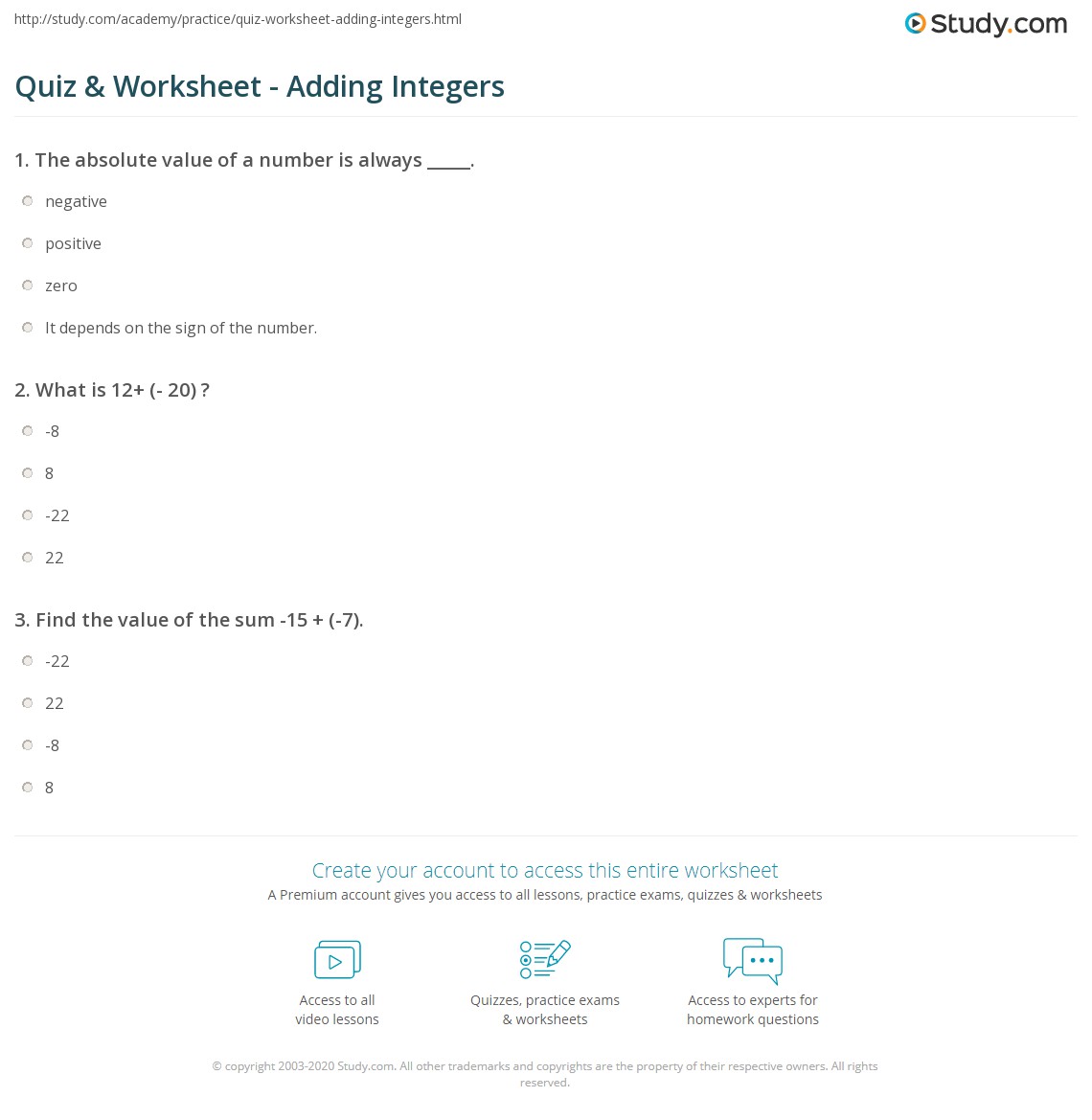Representing situations with integers you are . Quiz Worksheet Adding Integers Study Com