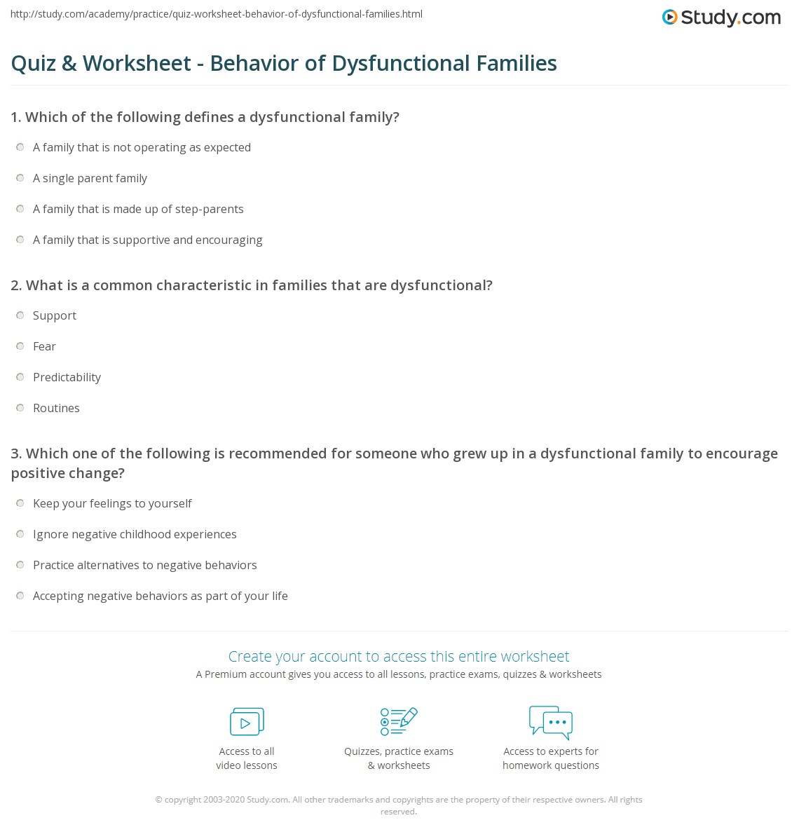 quiz worksheet behavior of dysfunctional families study com