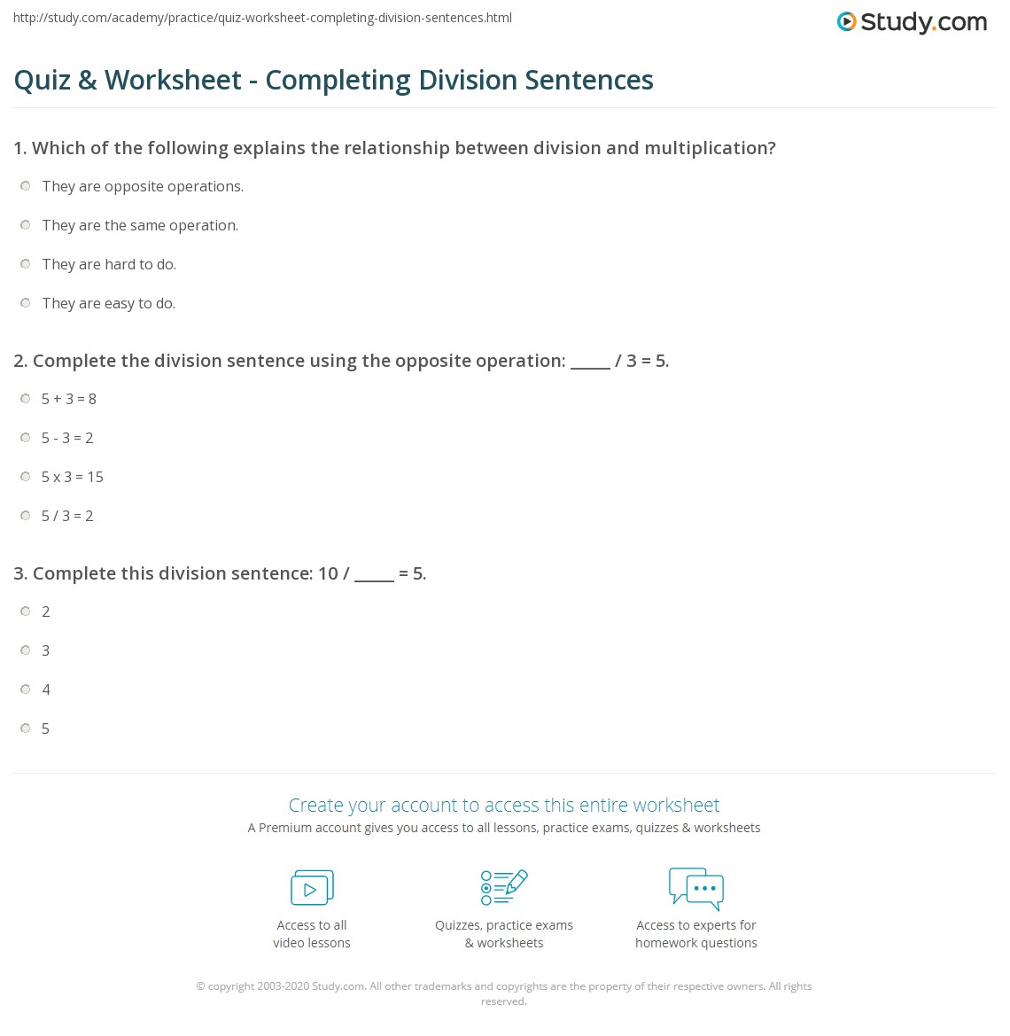 quiz worksheet completing division sentences studycom