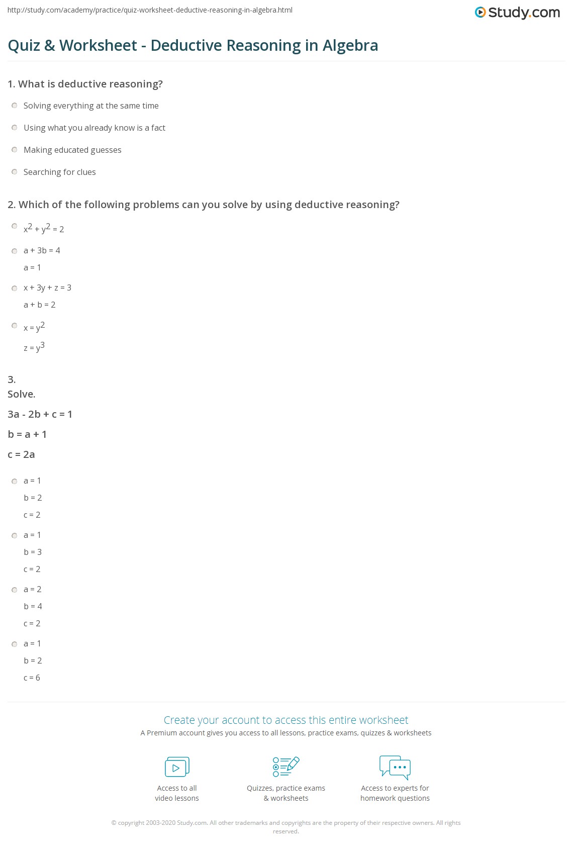 quiz worksheet deductive reasoning in algebra studycom