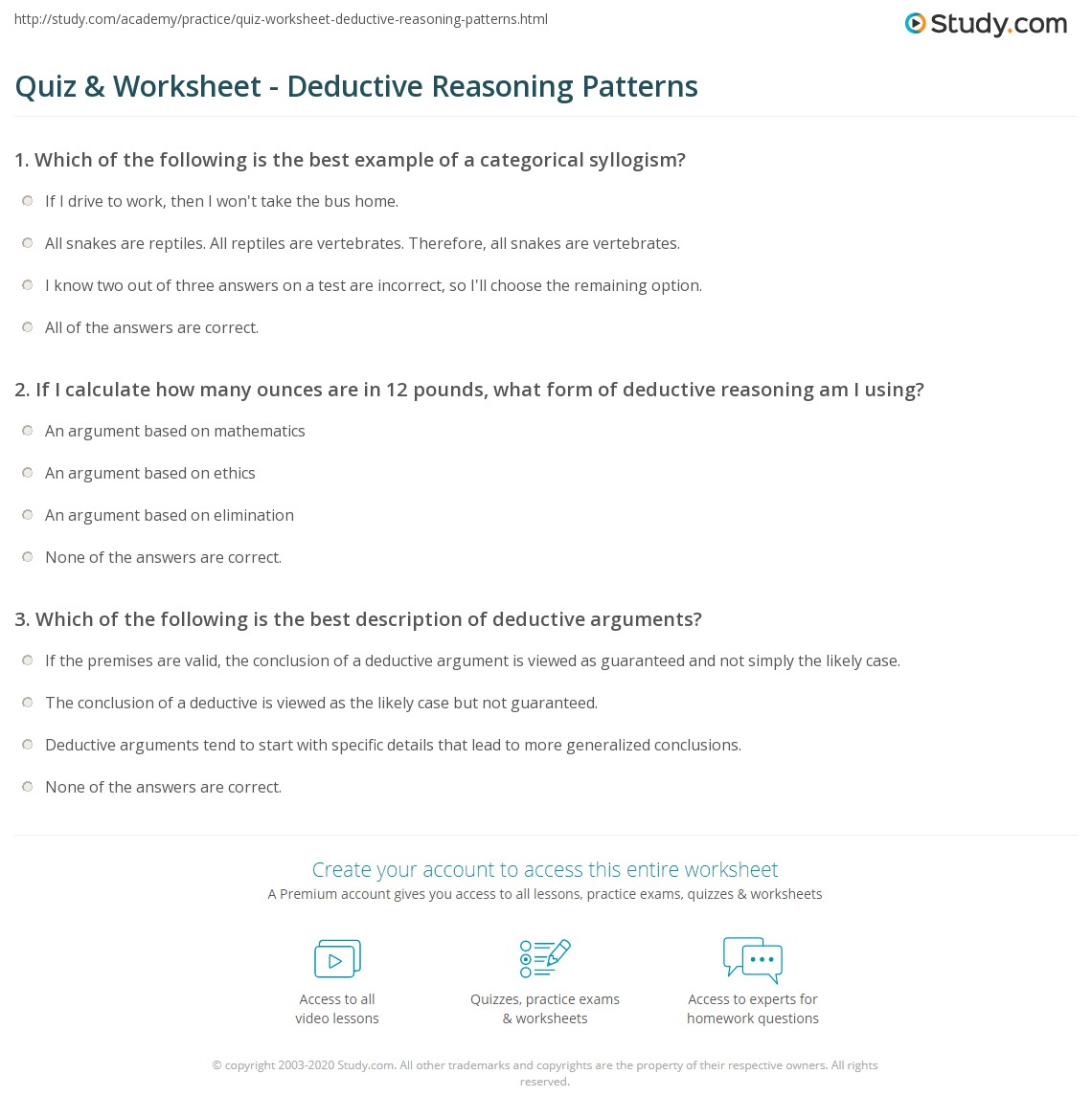 quiz worksheet deductive reasoning patterns studycom