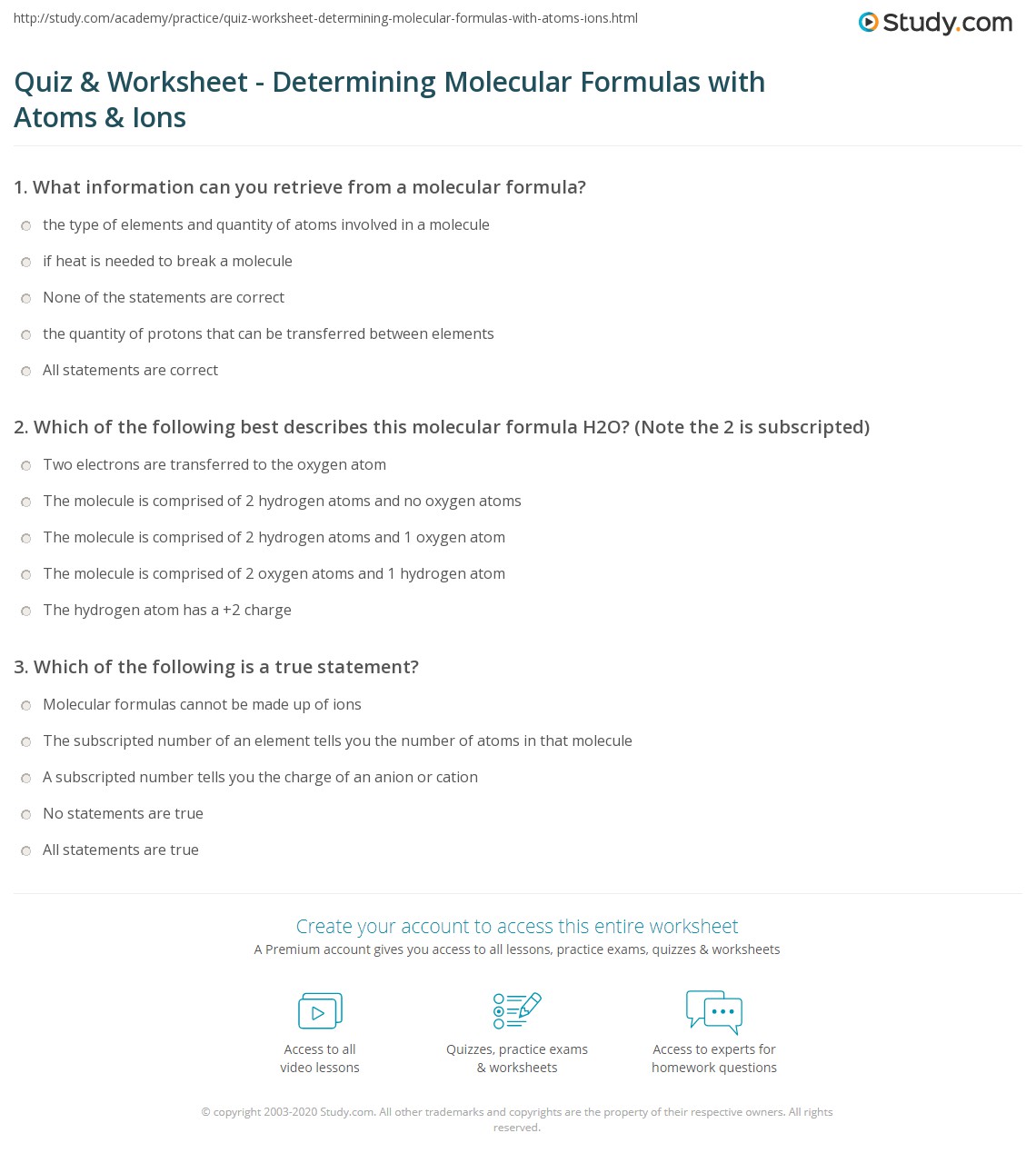 Write the formulas for the following compounds. Quiz Worksheet Determining Molecular Formulas With Atoms Ions Study Com