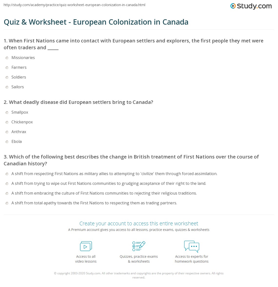 quiz worksheet european colonization in canada study com