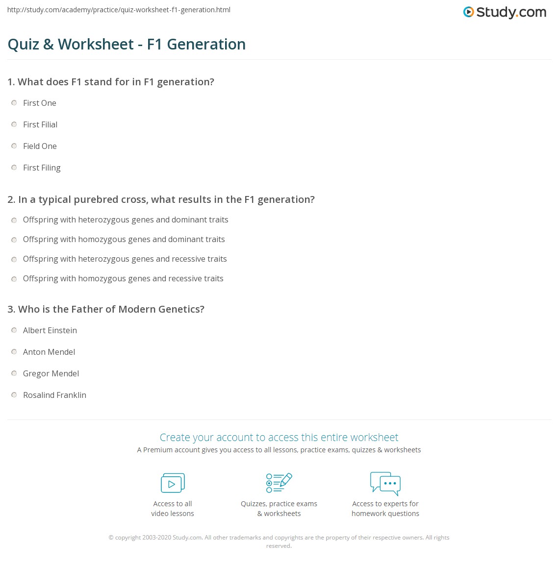 Quiz Worksheet F1 Generation Study Com