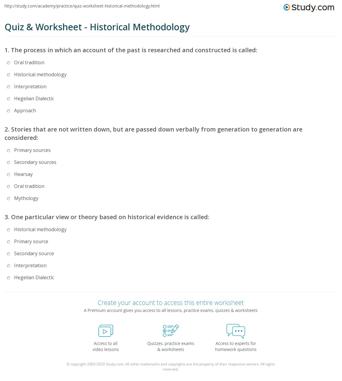 quiz worksheet historical methodology study com