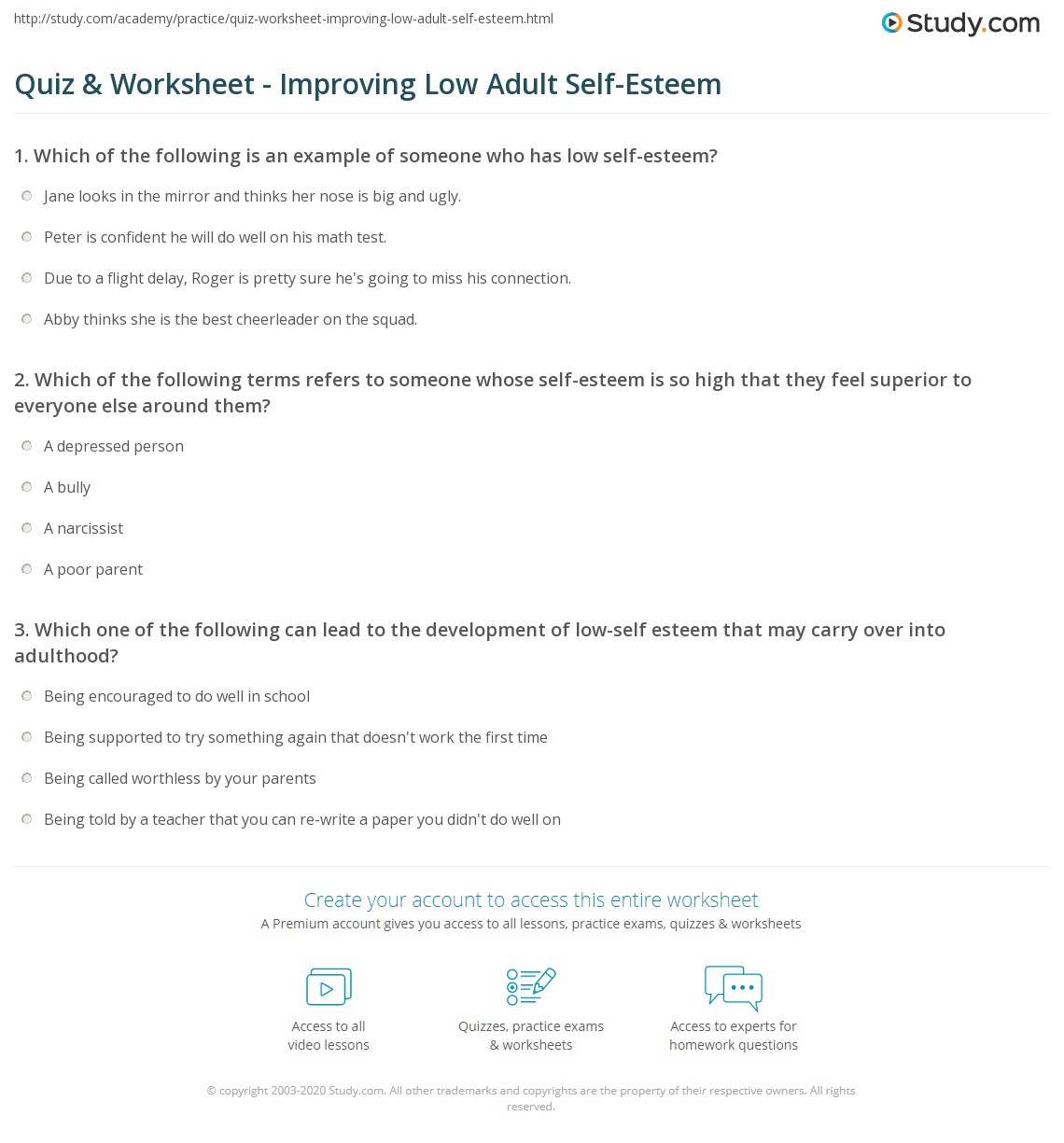 quiz worksheet improving low adult self esteem studycom