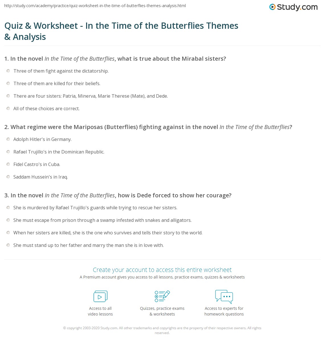 Quiz Worksheet In The Time Of The Butterflies Themes Analysis Study 