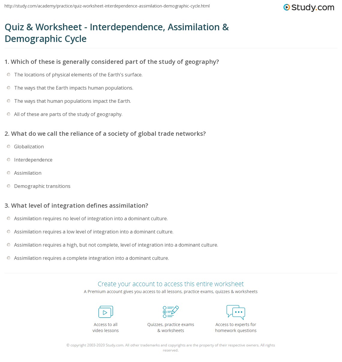Describe the world in spatial terms . Quiz Worksheet Interdependence Assimilation Demographic Cycle Study Com