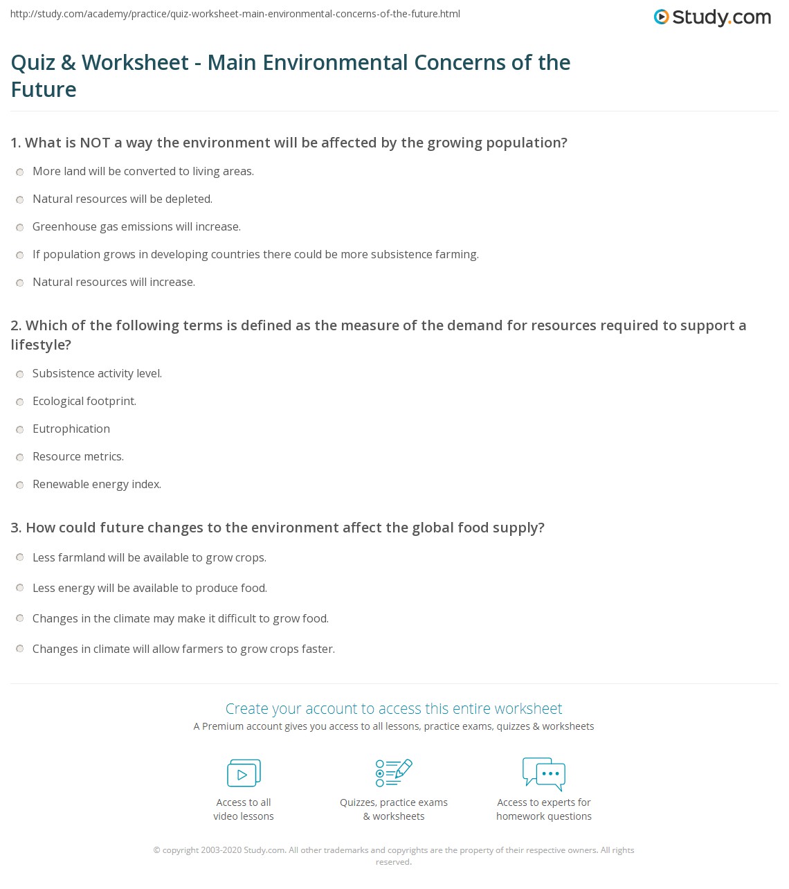 quiz worksheet main environmental concerns of the future study com