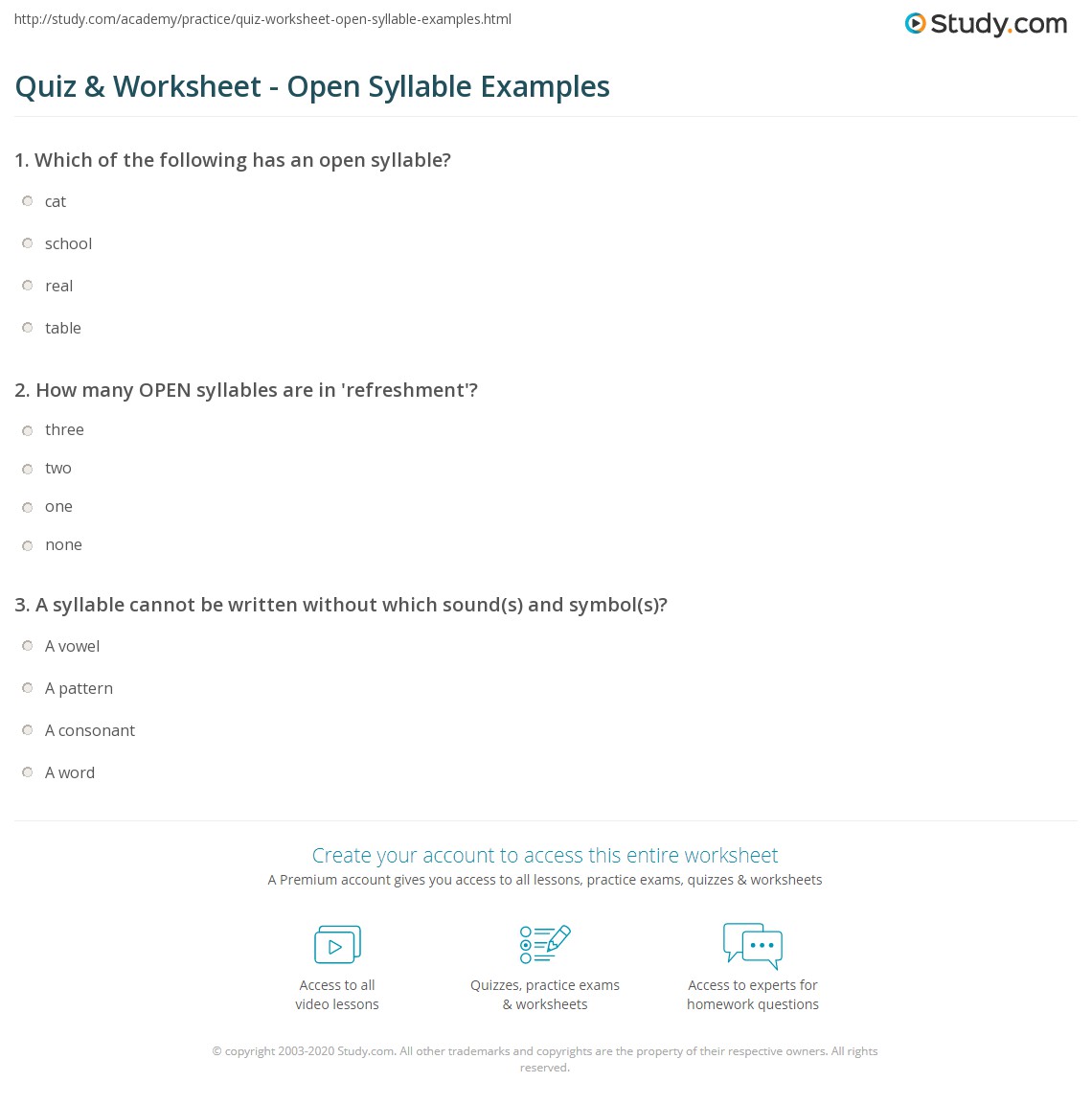 quiz worksheet open syllable examples study com