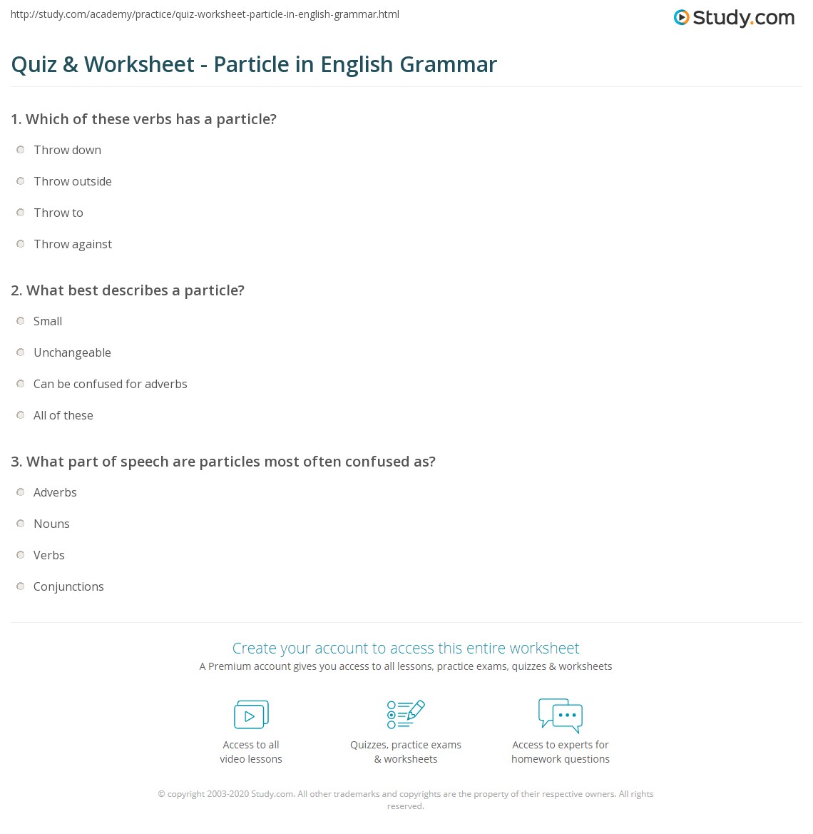 quiz worksheet particle in english grammar study com