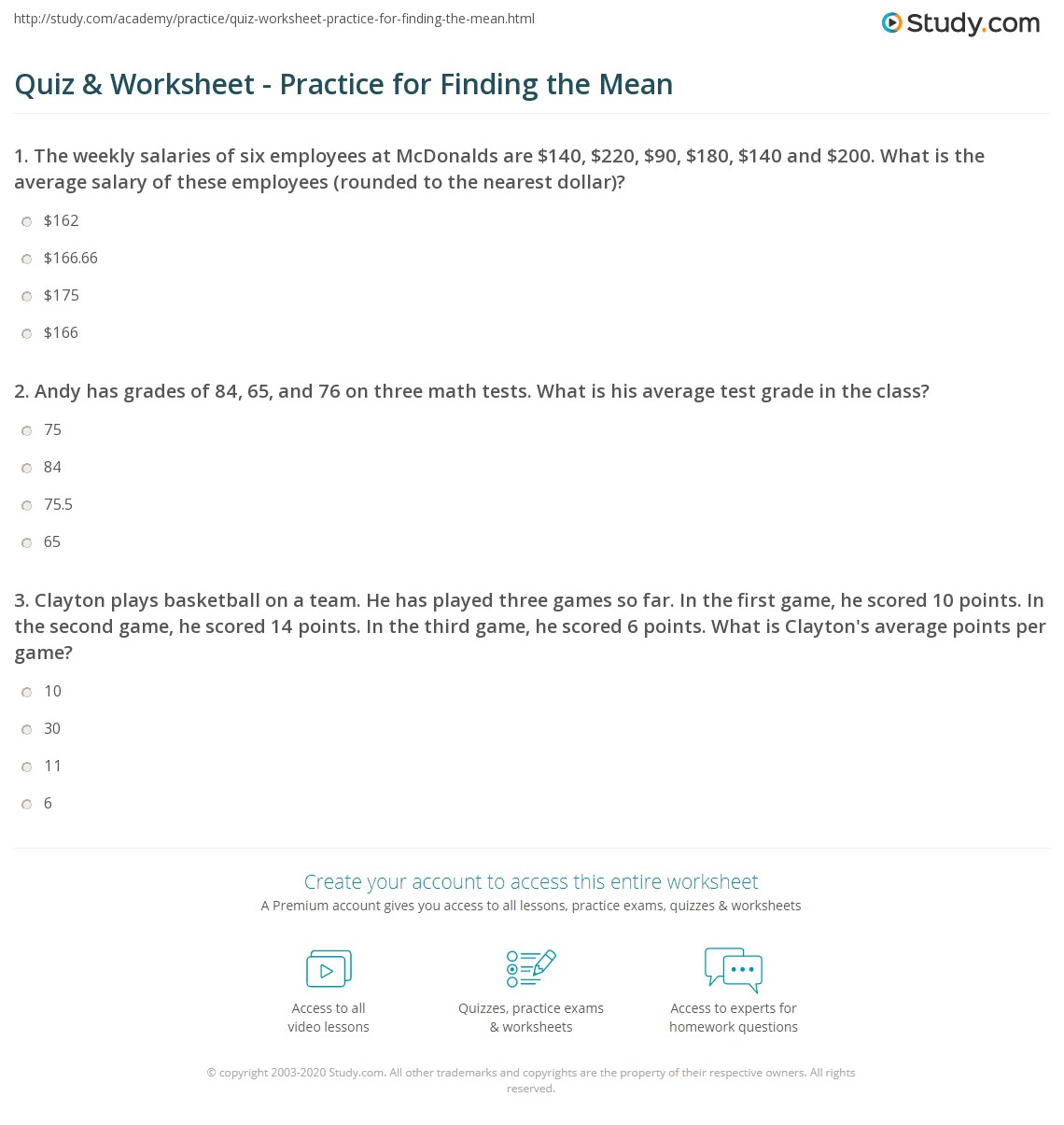 quiz worksheet practice for finding the mean studycom