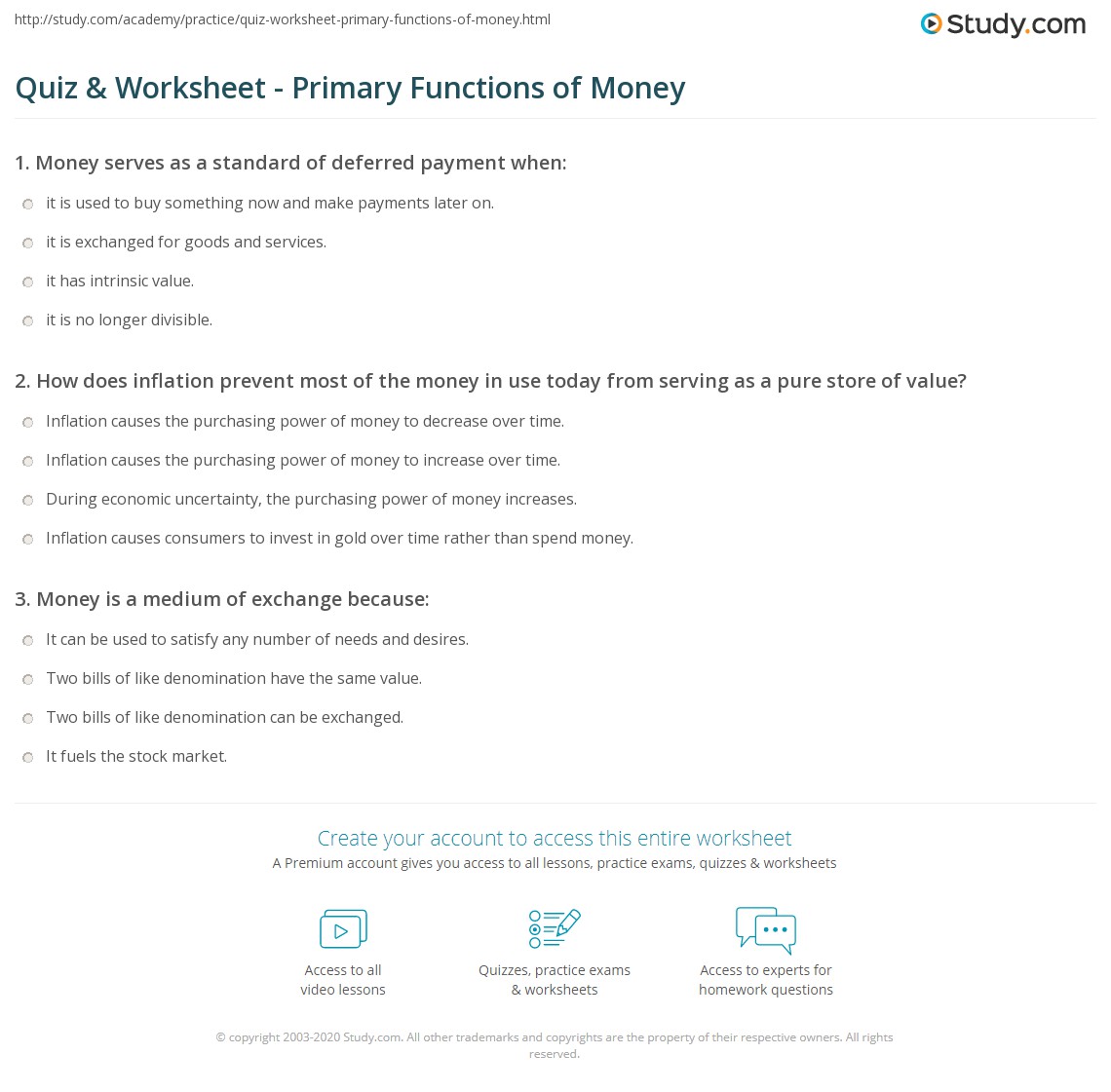 quiz worksheet primary functions of money study com