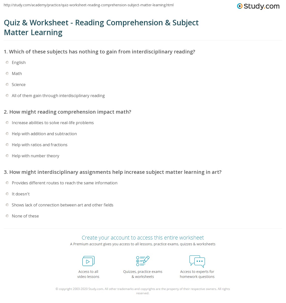 Teaching reading comprehension with a checklist of questions to ask students about their reading. Quiz Worksheet Reading Comprehension Subject Matter Learning Study Com