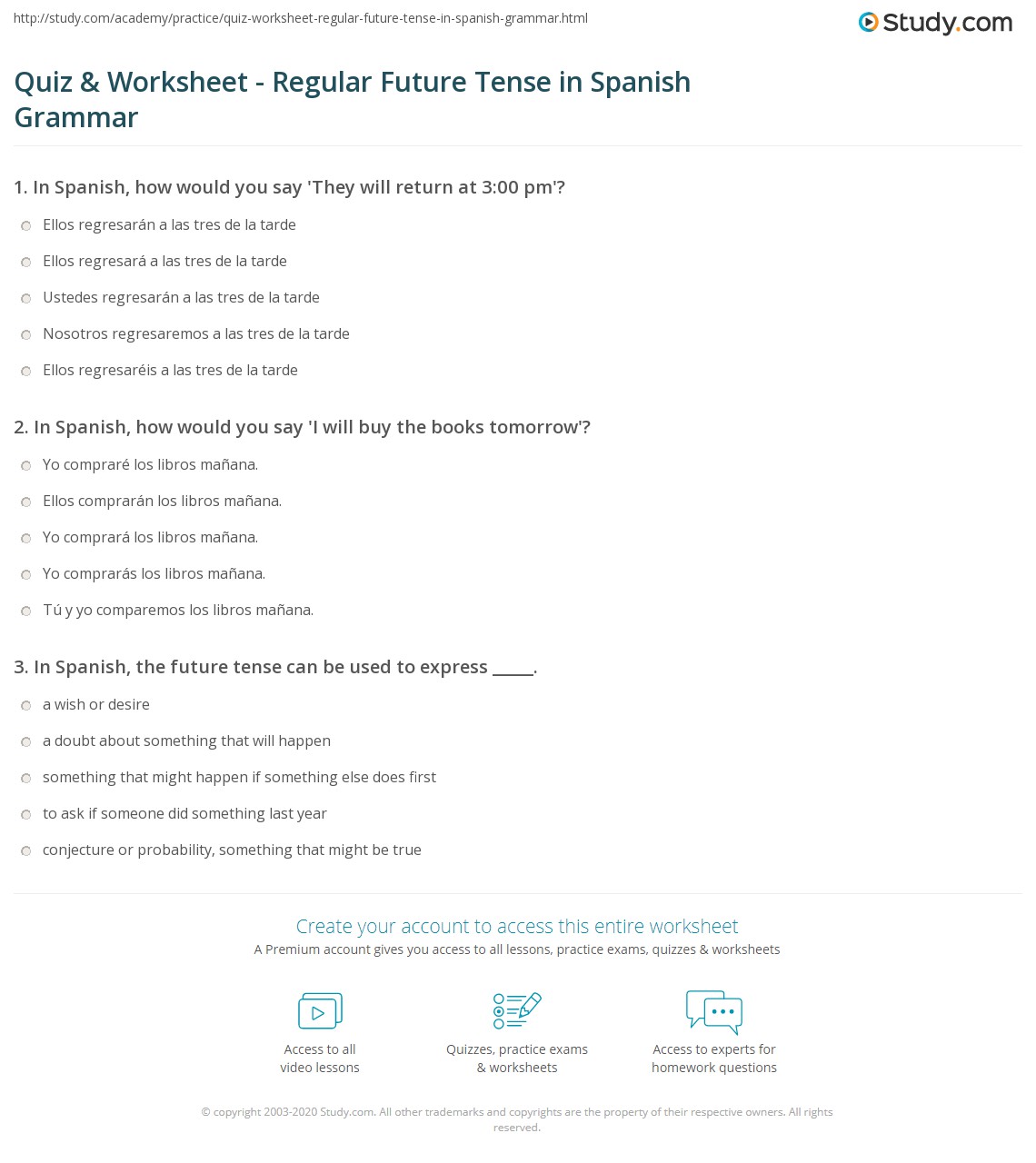quiz worksheet regular future tense in spanish grammar study com
