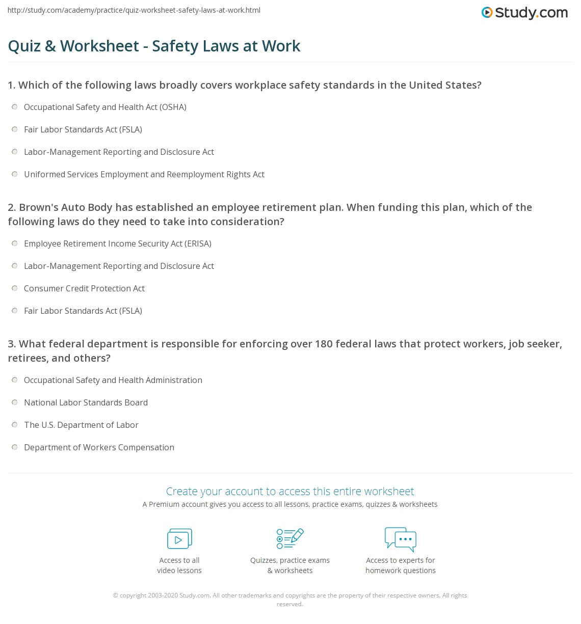 quiz worksheet safety laws at work study com