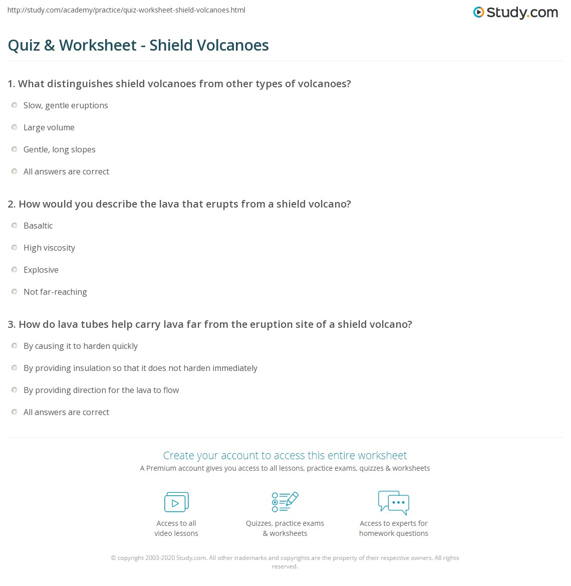 quiz worksheet shield volcanoes study com