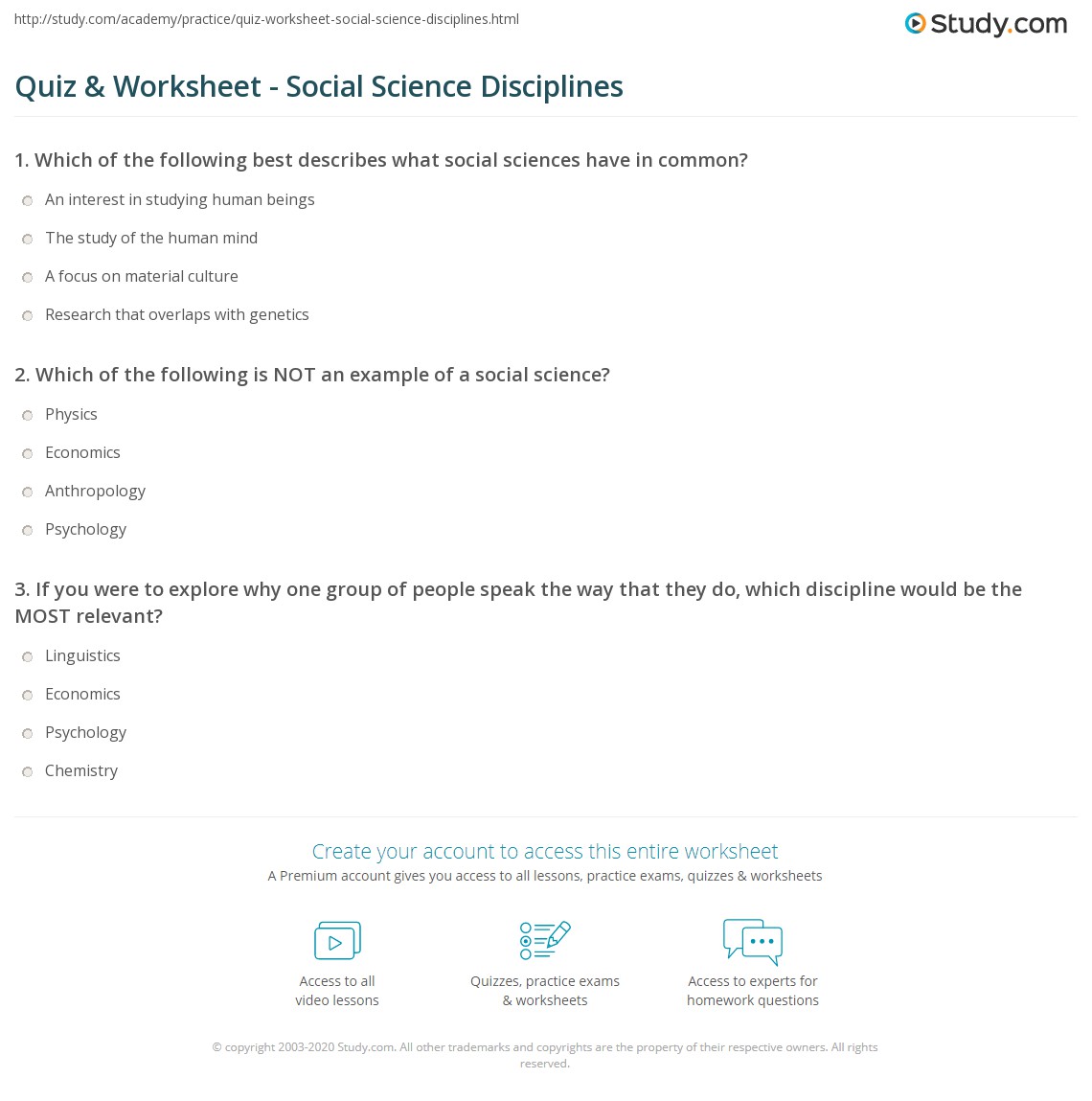 quiz worksheet social science disciplines study com