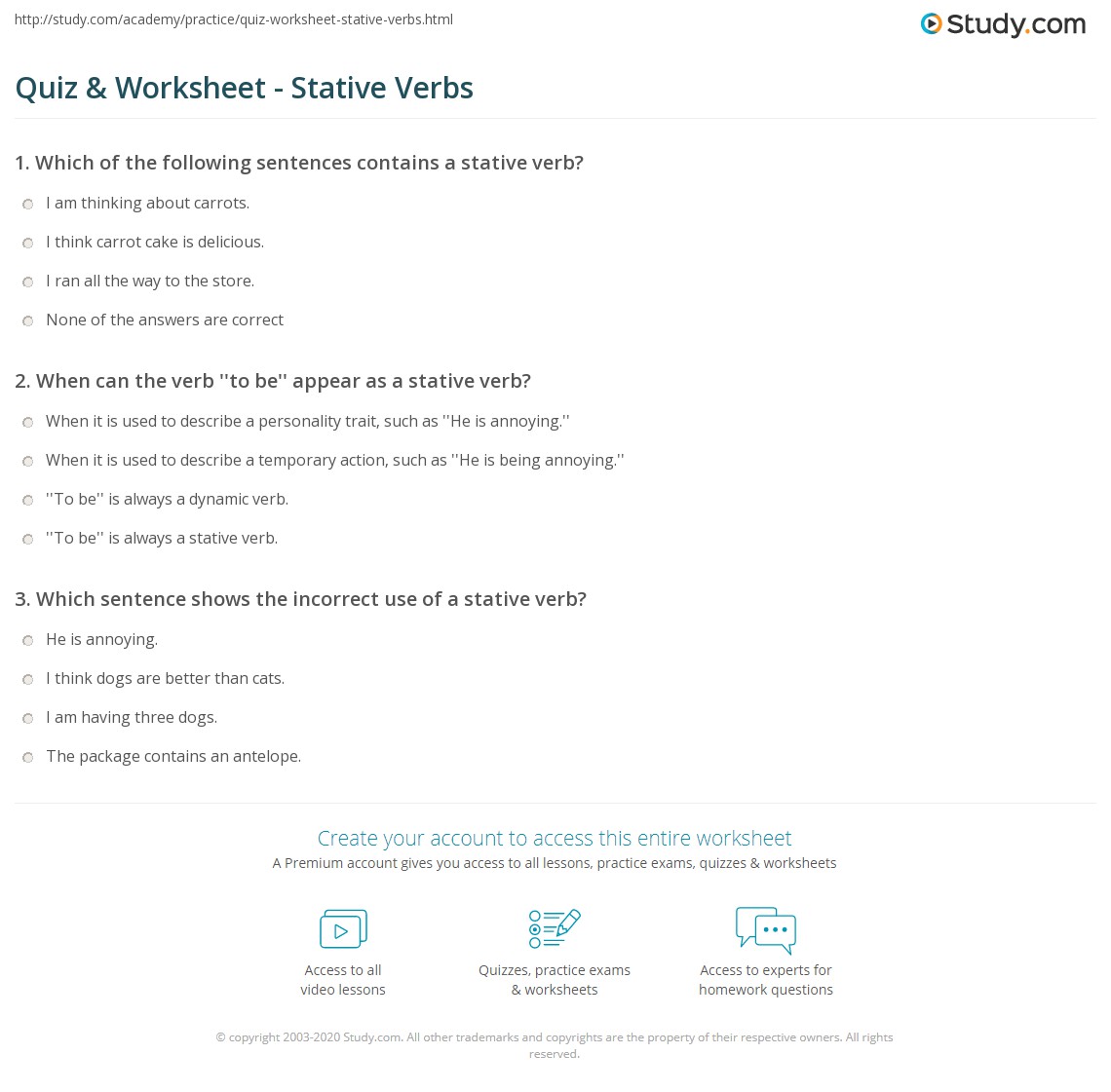quiz worksheet stative verbs study com