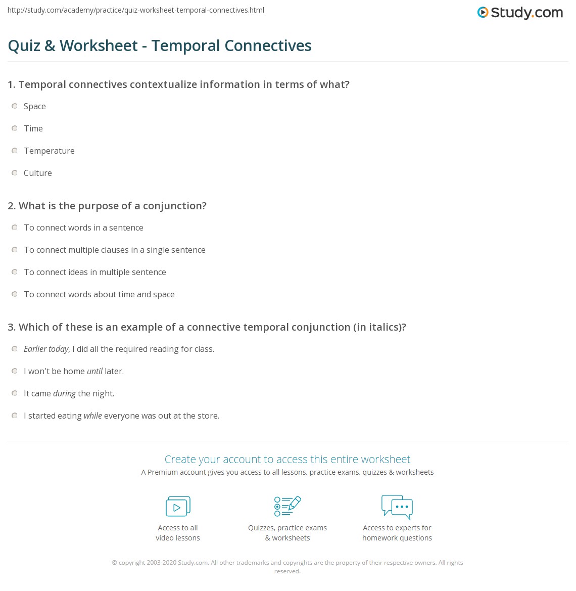 quiz worksheet temporal connectives study com