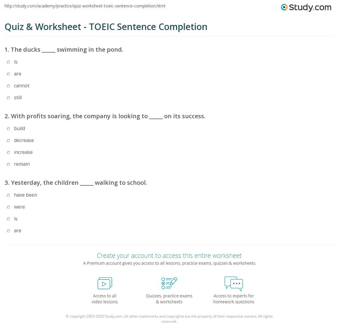 quiz worksheet toeic sentence completion study com