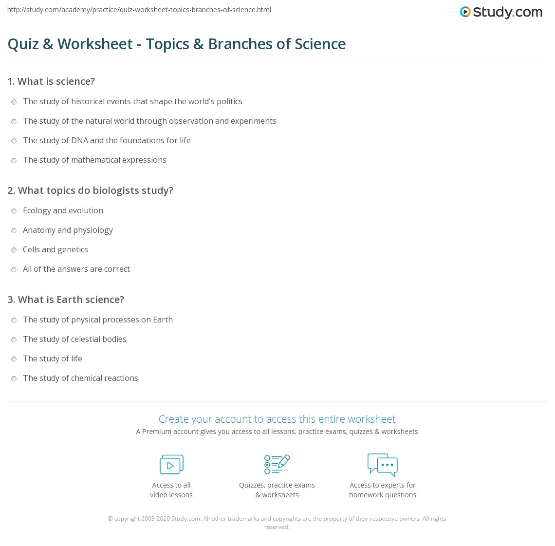 quiz worksheet topics branches of science study com