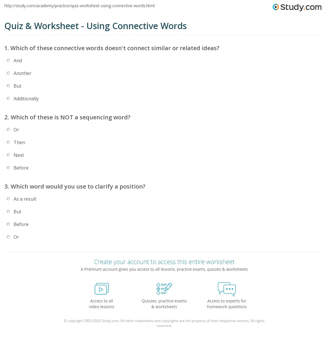 quiz worksheet using connective words study com