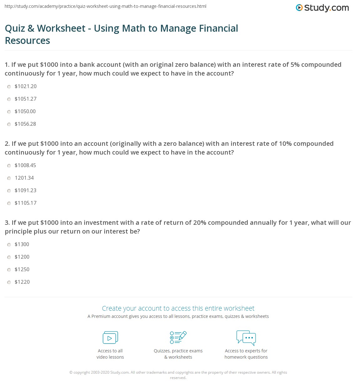 quiz worksheet using math to manage financial resources study com
