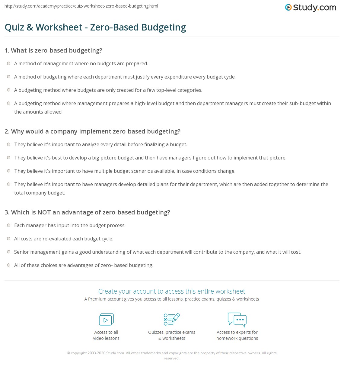 Quiz Worksheet Zero Based Budgeting Study Com