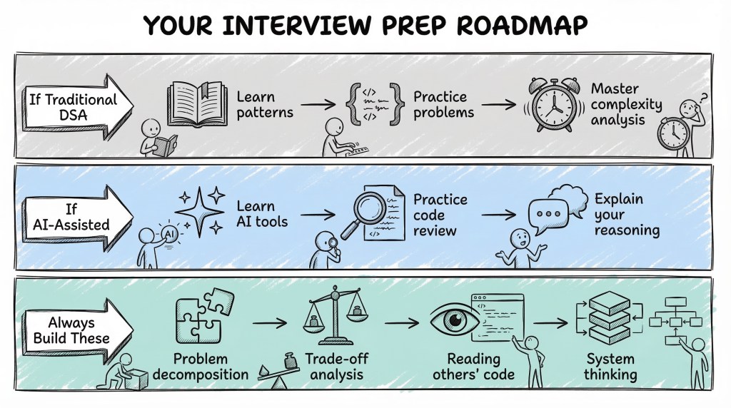 Three lanes—If Traditional DSA (Learn patterns, Practice problems, Master complexity). If AI-Assisted (Learn AI tools, Practice code review, Explain reasoning). Always Build These (Problem decomposition, Trade-off analysis, Reading others' code, System thinking)