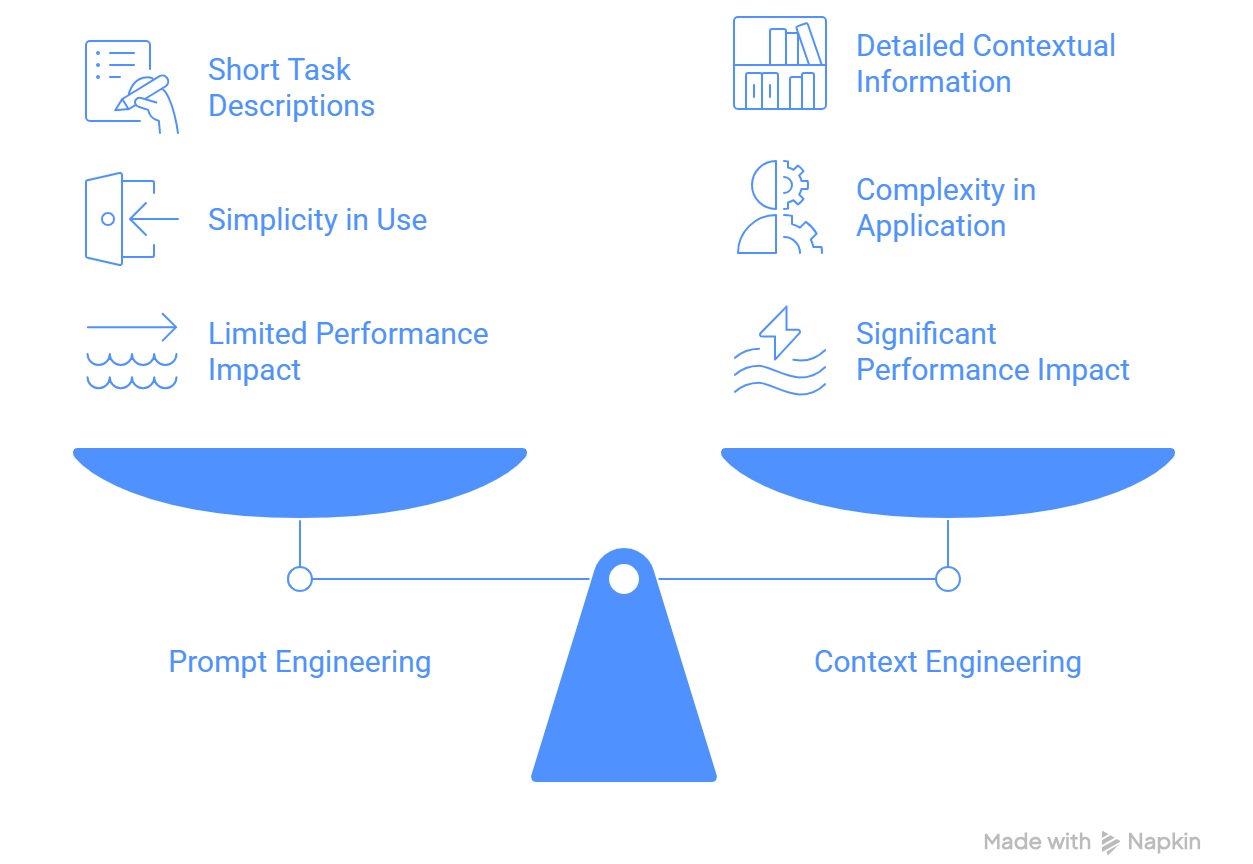 A balanced scale comparing Prompt Engineering and Context Engineering. The left side shows "Short Task Descriptions," "Simplicity in Use," and "Limited Performance Impact." The right side highlights "Detailed Contextual Information," "Complexity in Application," and "Significant Performance Impact," suggesting context engineering yields more powerful results.