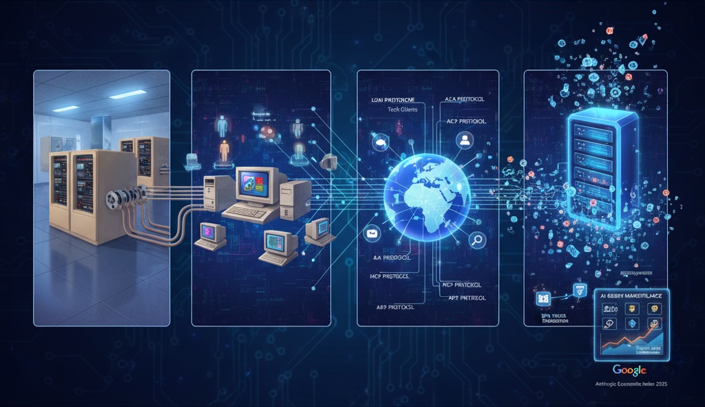 Illustration showing evolution from mainframes to desktops to global AI agent marketplaces with protocols A2A, MCP, AP2.