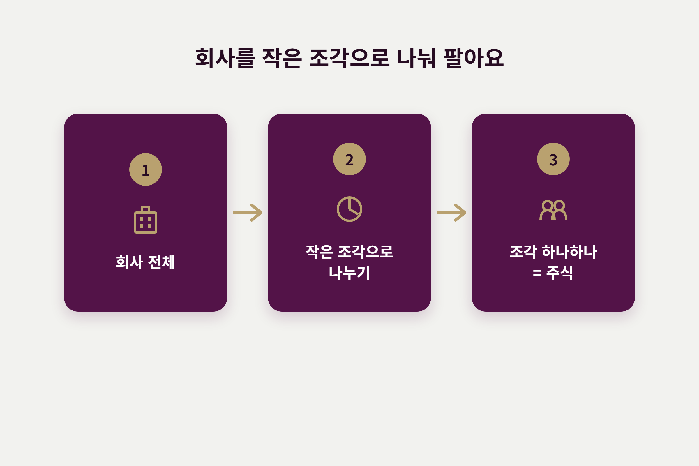 회사를 작은 조각으로 나눠 주식으로 파는 모습을 보여주는 다이어그램
