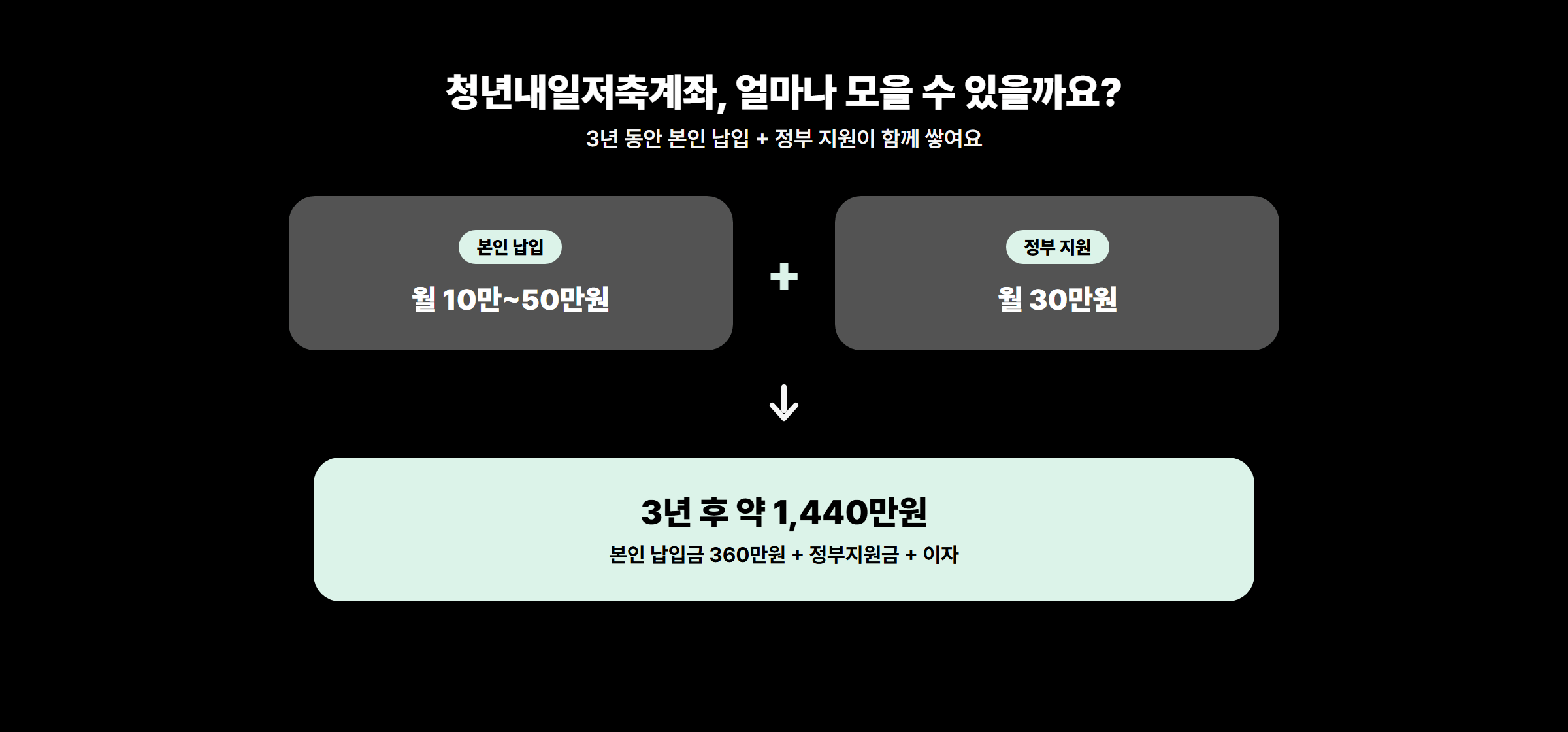 청년내일저축계좌 적립 구조 다이어그램(본인 납입 + 정부 지원)