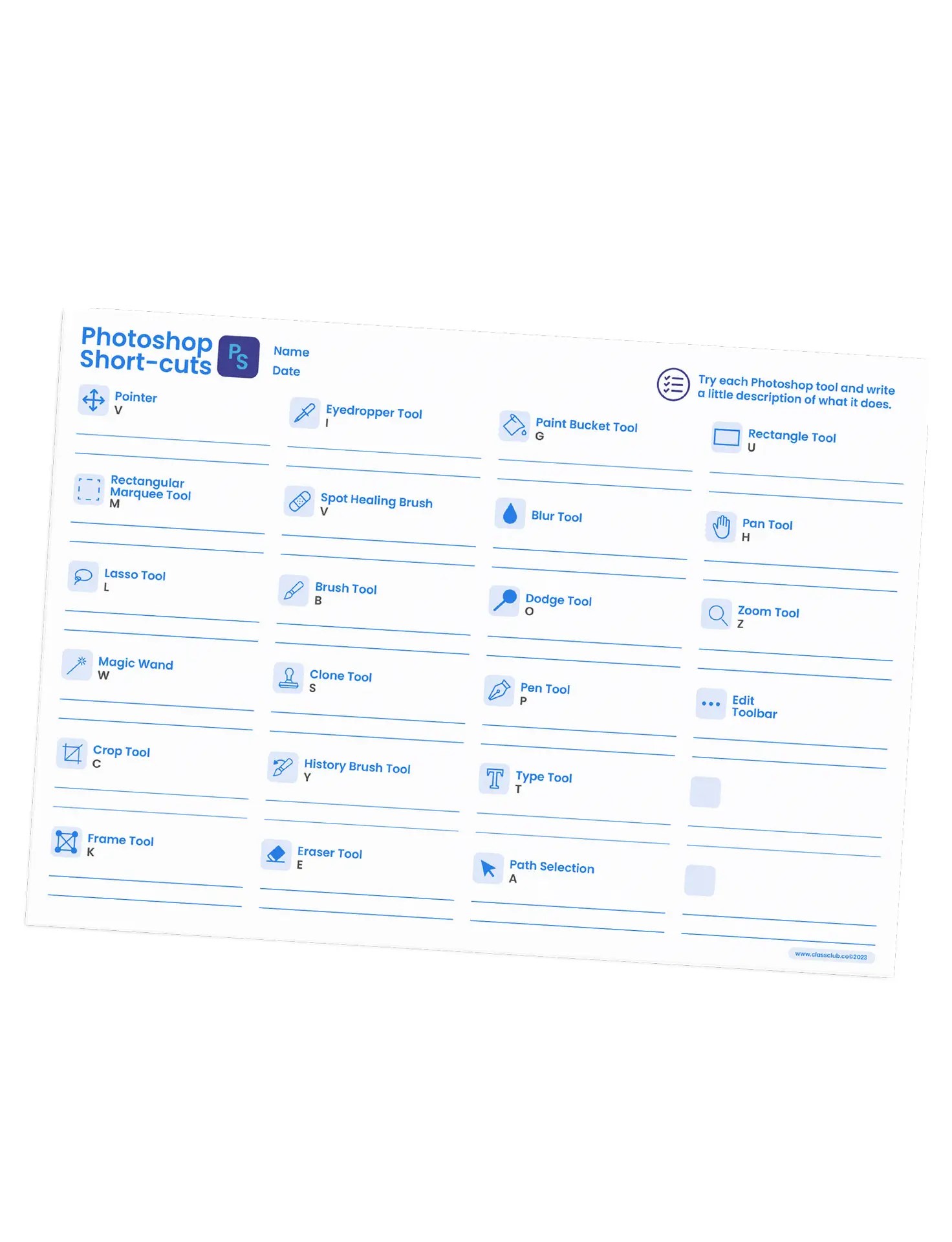 Photoshop Short-cuts worksheet
