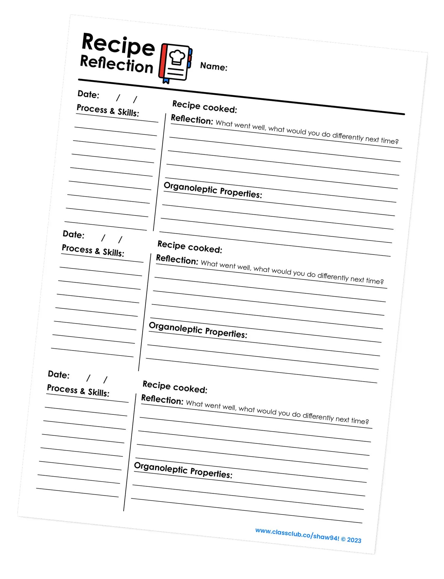 Recipe reflection sheet.