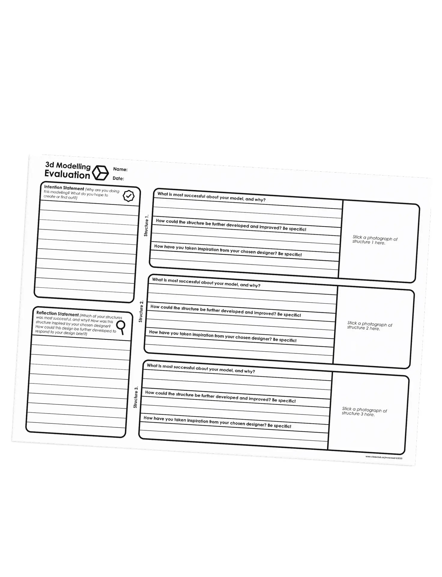 3D Modelling Evaluation Worksheet