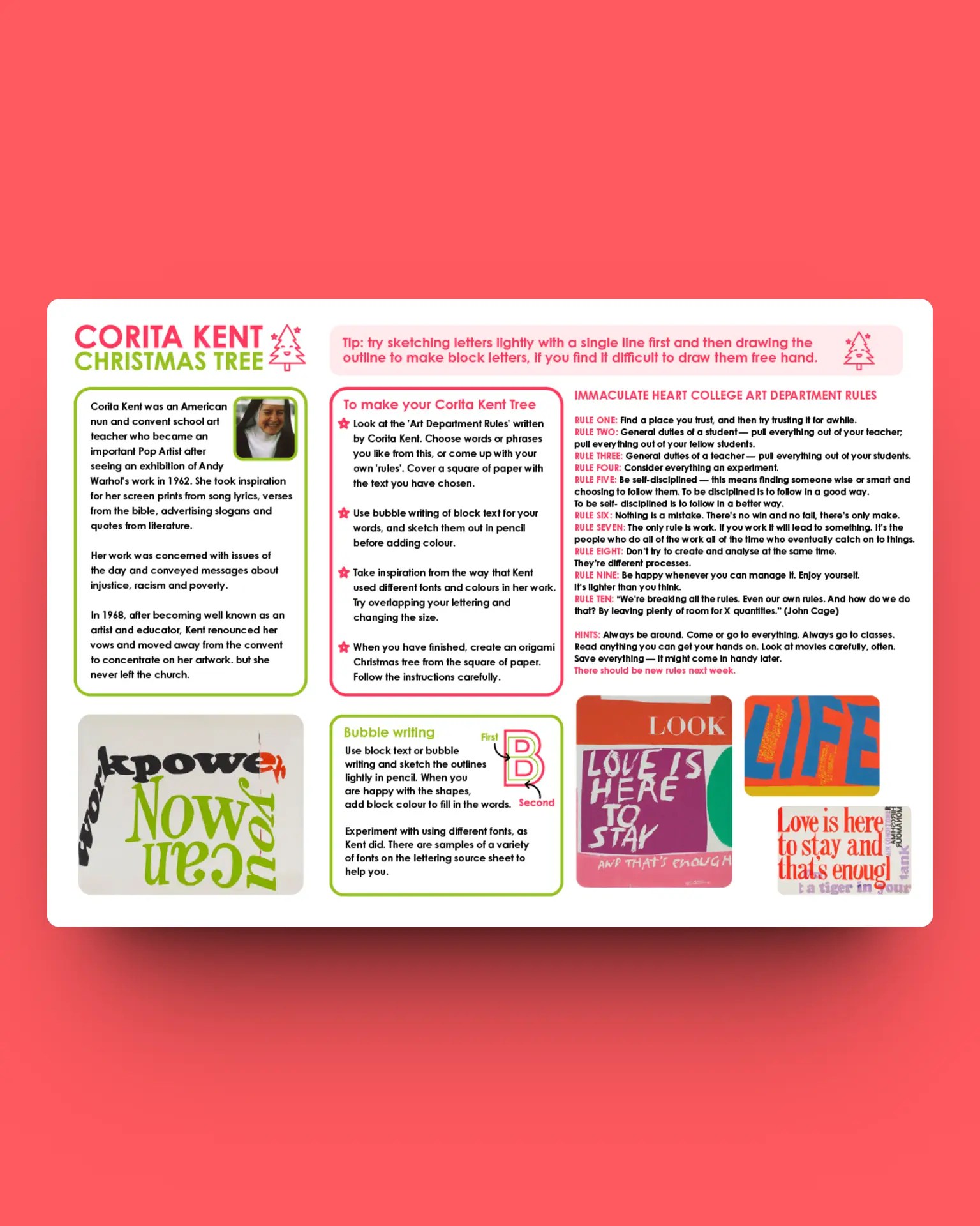 Corita Kent paper Christmas tree lesson