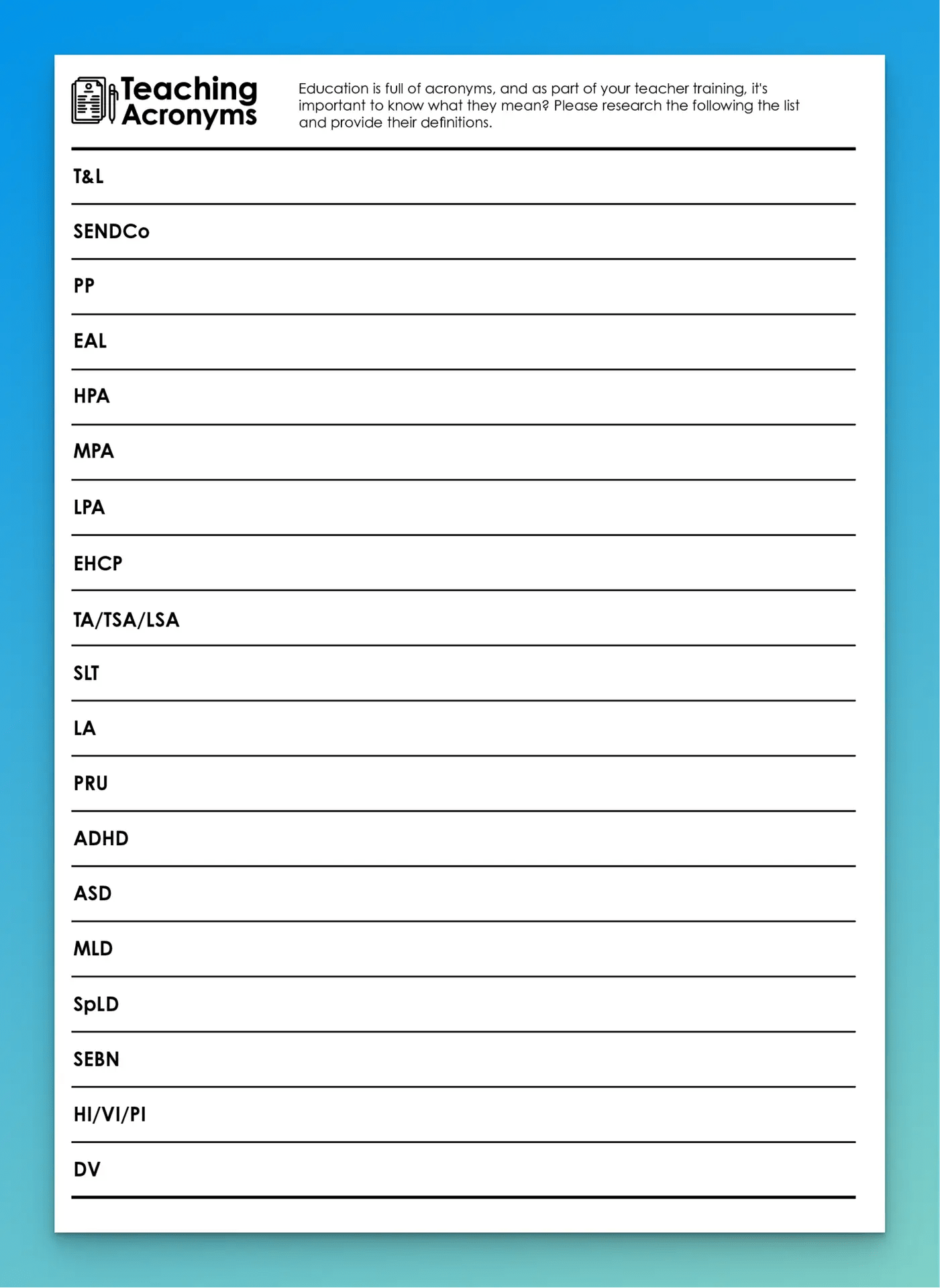 Teaching Acronyms - Initial Teacher Training Support Worksheet