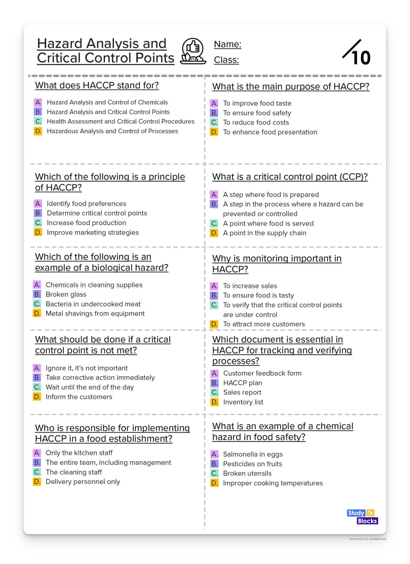 HACCP quiz sheet & presentation