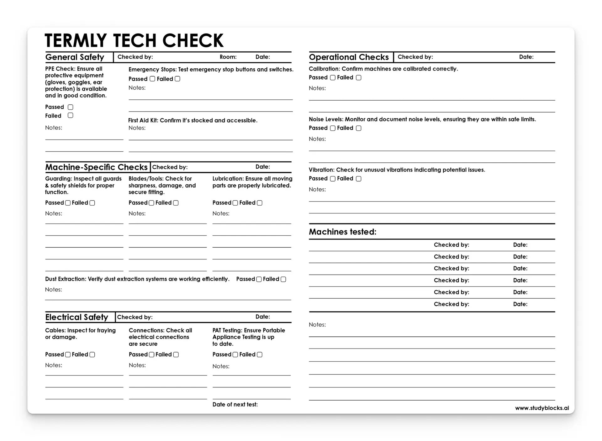 Tech Check Sheet